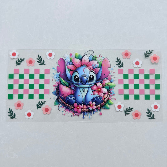 Single Sided UV DTF Wrap 16oz Tumbler Transfer (24cm x 11cm) blue alien pink & green checker