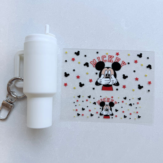 Premium UVDTF Wrap for Mini Tumbler Keychains | Durable, No-Weed Peel & Stick (mouse face red & yellow stars)