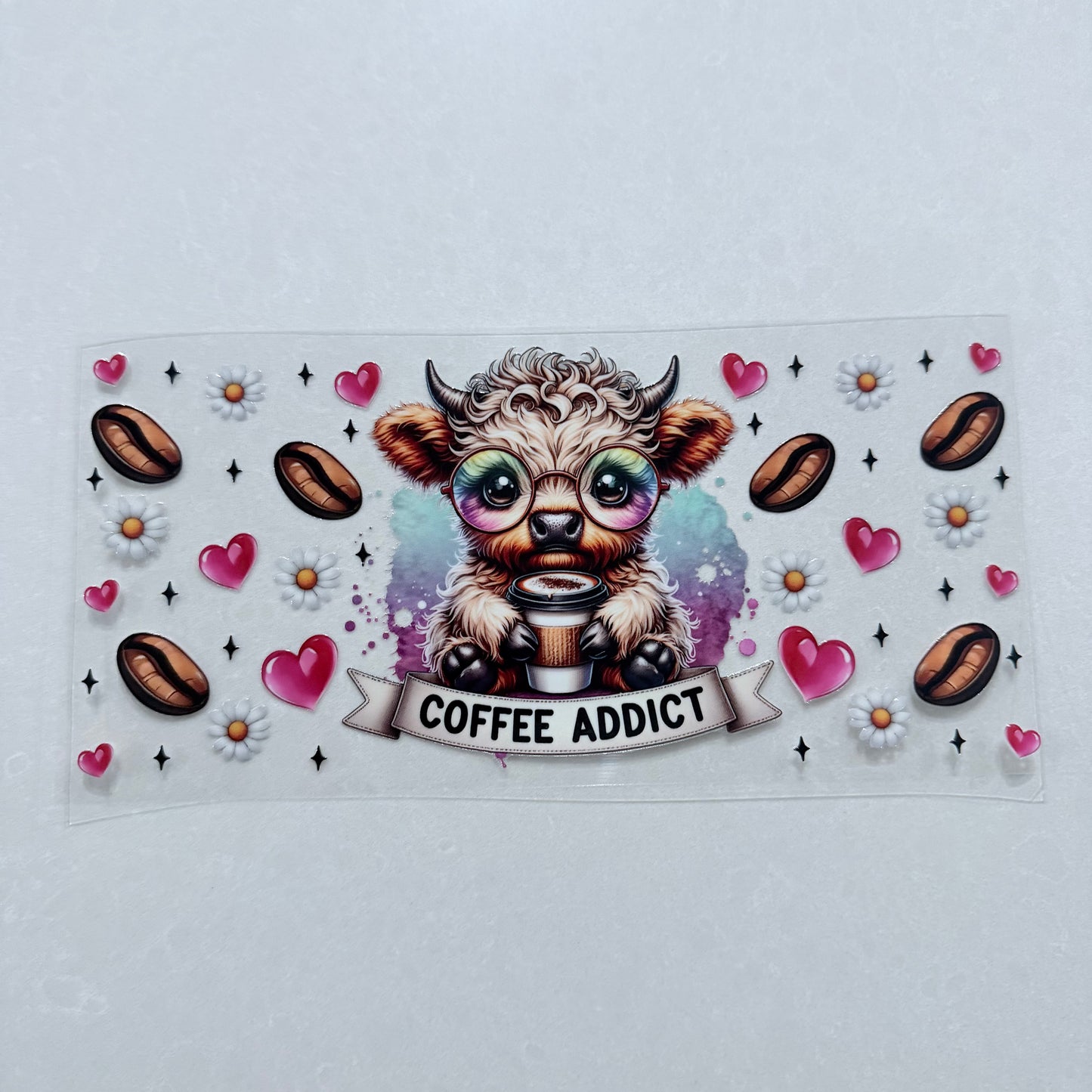 Single Sided UV DTF Wrap 16oz Tumbler Transfer (24cm x 11cm) coffee addict cow 1