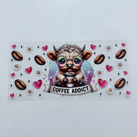 Single Sided UV DTF Wrap 16oz Tumbler Transfer (24cm x 11cm) coffee addict cow 1