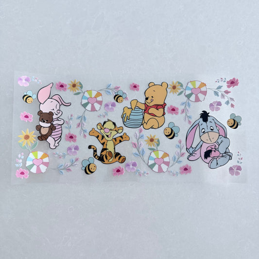 Single Sided UV DTF Wrap 16oz Tumbler Transfer (24cm x 11cm) honey bear and friends flower garden