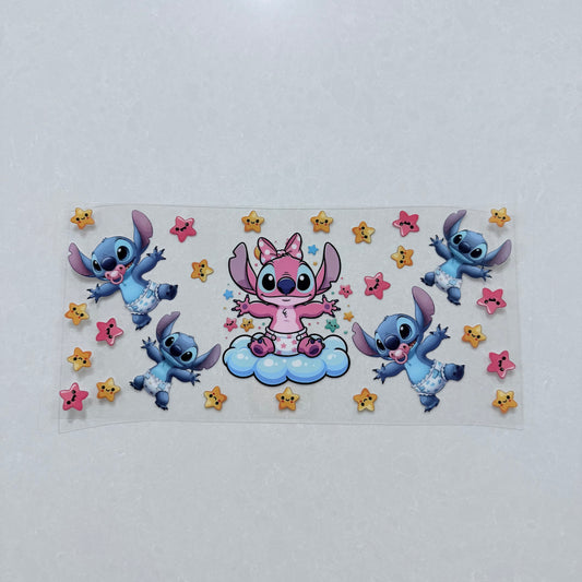 Single Sided UV DTF Wrap 16oz Tumbler Transfer (24cm x 11cm) pink alien cloud and stars