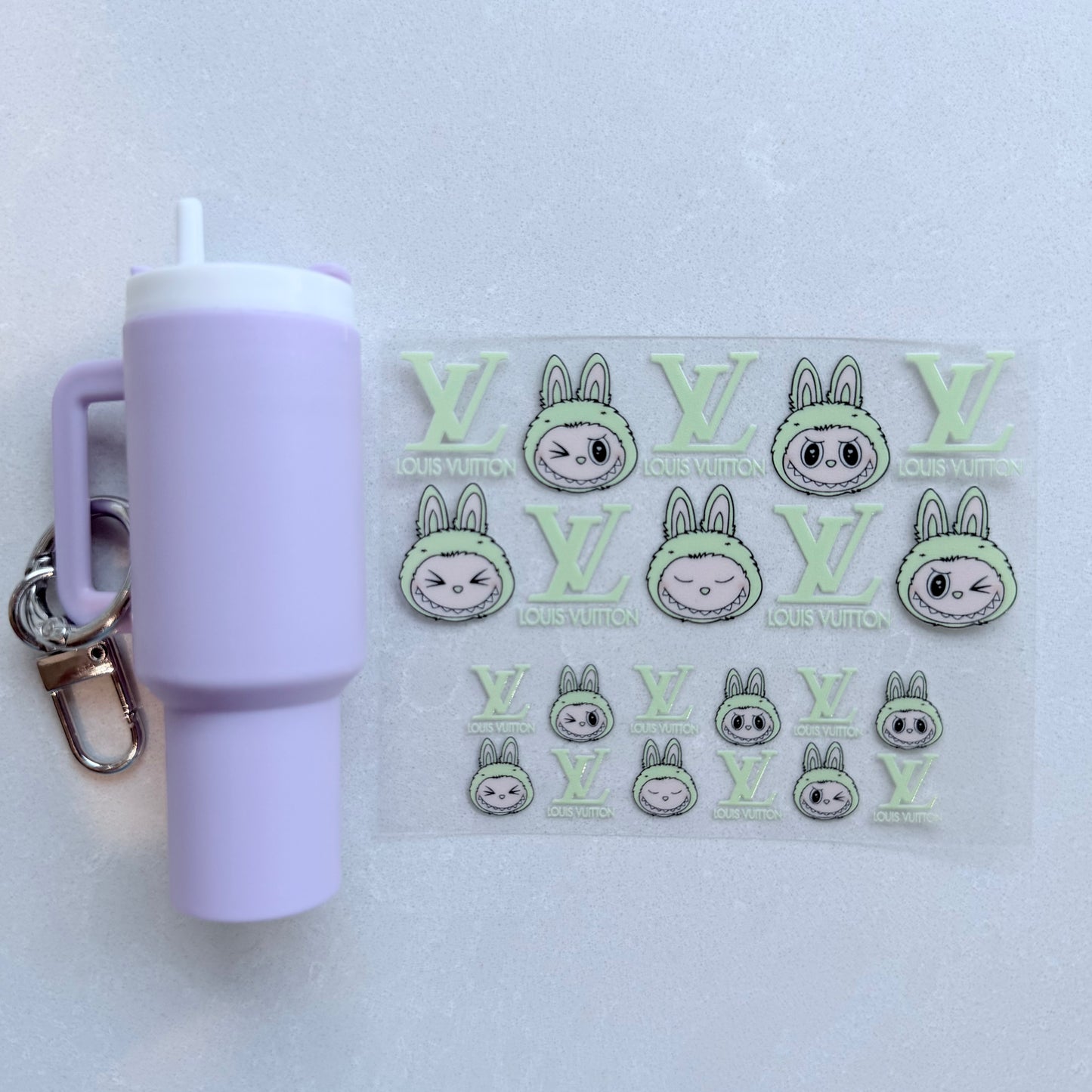 Premium UVDTF Wrap for Mini Tumbler Keychains | Durable, No-Weed Peel & Stick (designer green lv labubu head)