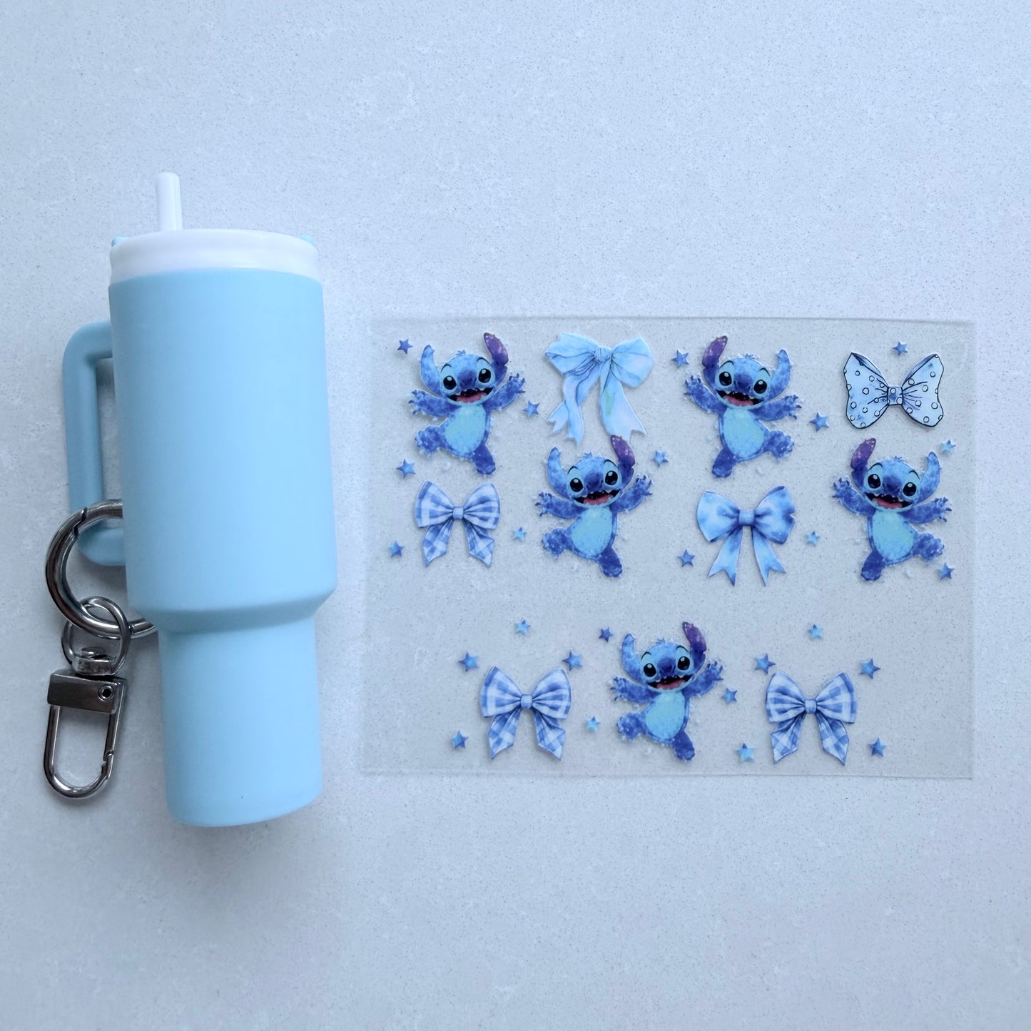 Premium UVDTF Wrap for Mini Tumbler Keychains | Durable, No-Weed Peel & Stick (blue alien bows)