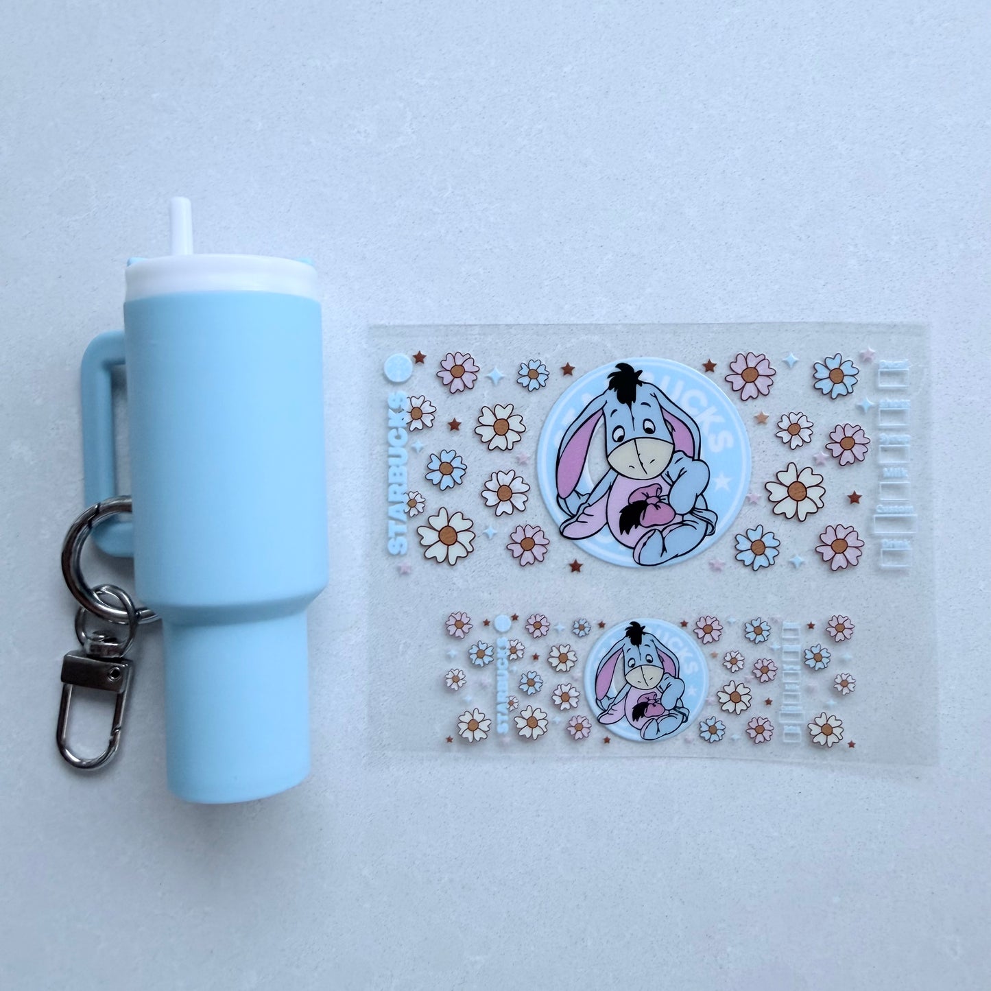 Premium UVDTF Wrap for Mini Tumbler Keychains | Durable, No-Weed Peel & Stick (grey donkey daisies starbies coffee)