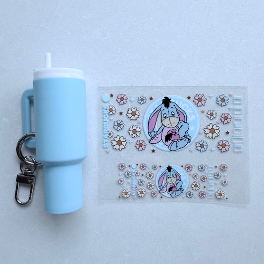 Premium UVDTF Wrap for Mini Tumbler Keychains | Durable, No-Weed Peel & Stick (grey donkey daisies starbies coffee)