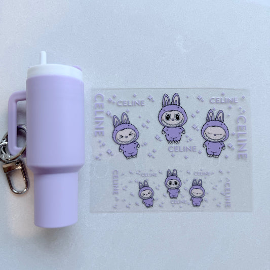 Premium UVDTF Wrap for Mini Tumbler Keychains | Durable, No-Weed Peel & Stick (designer purple labubu)