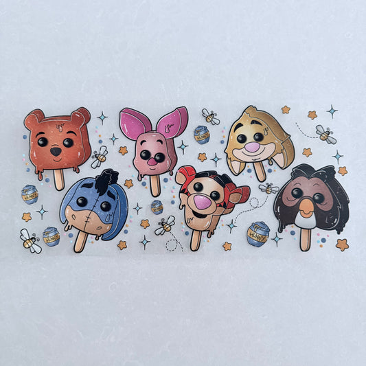 Single Sided UV DTF Wrap 16oz Tumbler Transfer (24cm x 11cm) honey bear friend popsicles