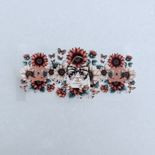 Single Sided UV DTF Wrap 16oz Tumbler Transfer (24cm x 11cm) designer CC handbag brown/cream sunflowers