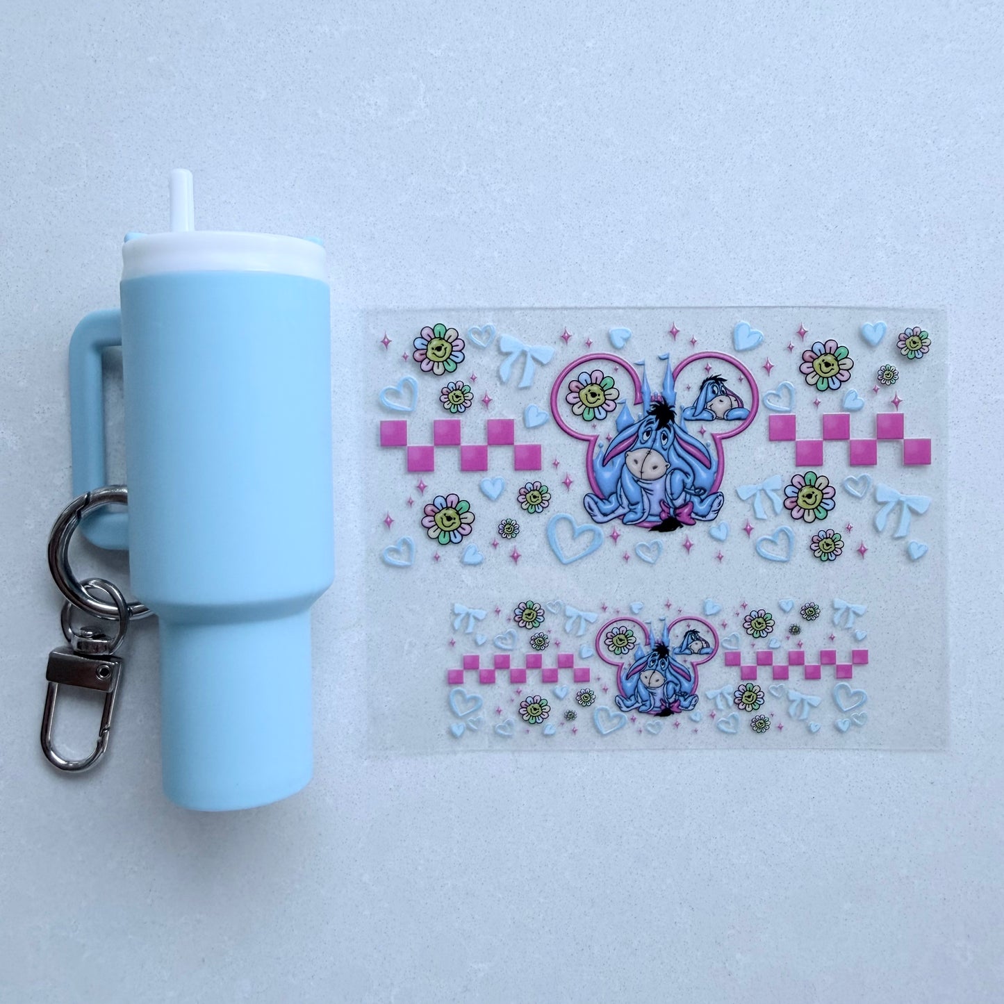 Premium UVDTF Wrap for Mini Tumbler Keychains | Durable, No-Weed Peel & Stick (grey donkey mouse ears)