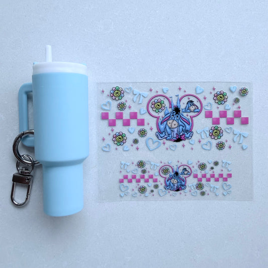 Premium UVDTF Wrap for Mini Tumbler Keychains | Durable, No-Weed Peel & Stick (grey donkey mouse ears)