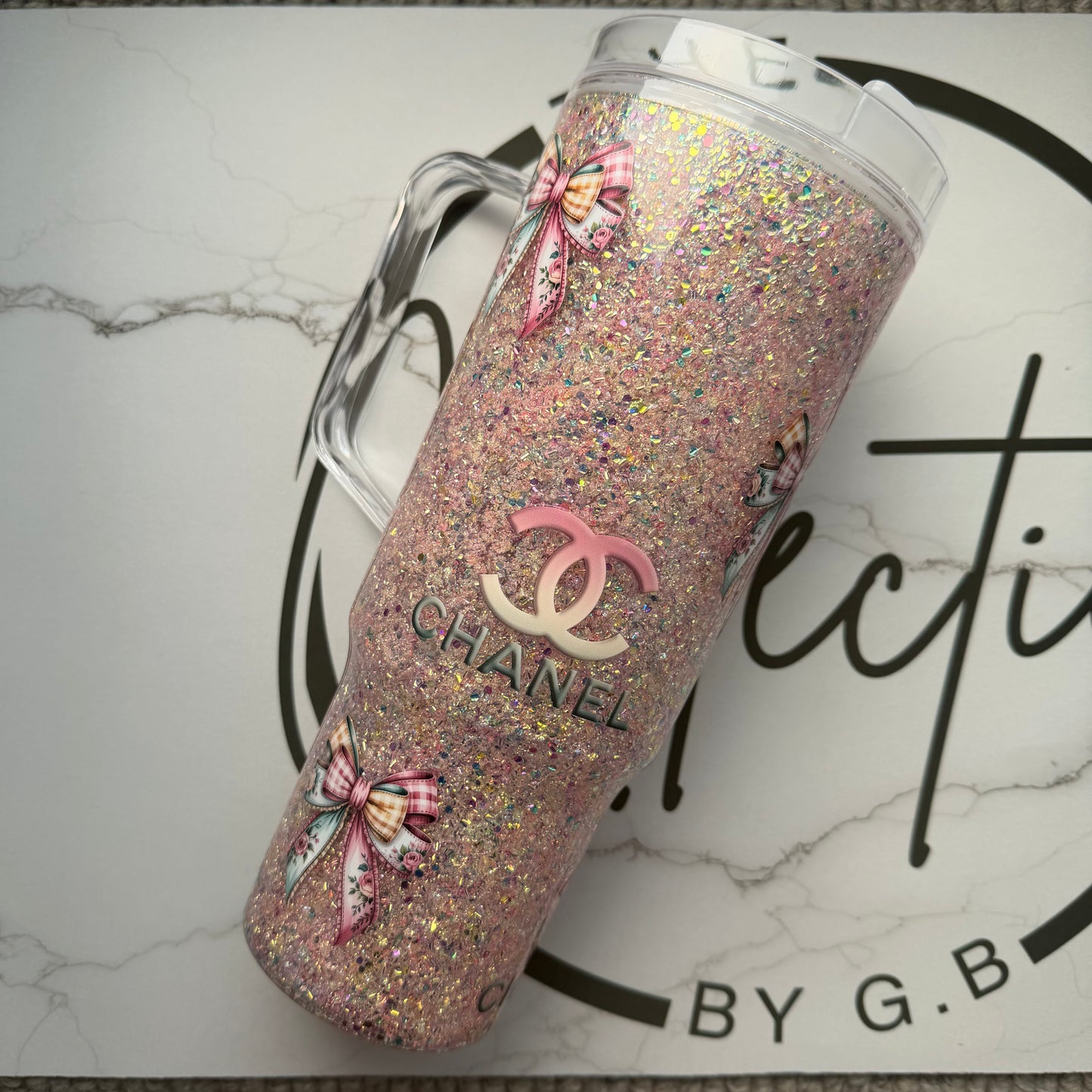 40oz Acrylic Snowglobe Tumbler with Straw & Handle – Double-Wall Glitter Cup, Travel Tumbler Designer CC