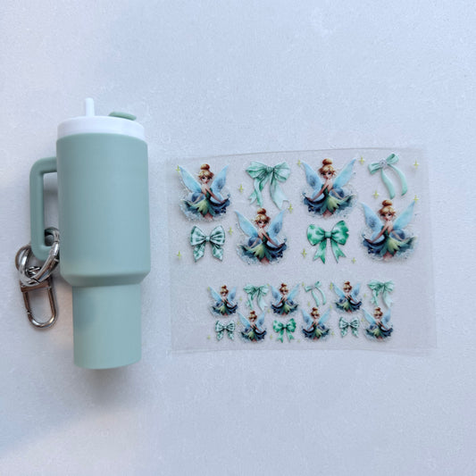 Premium UVDTF Wrap for Mini Tumbler Keychains | Durable, No-Weed Peel & Stick (green fairy bows)