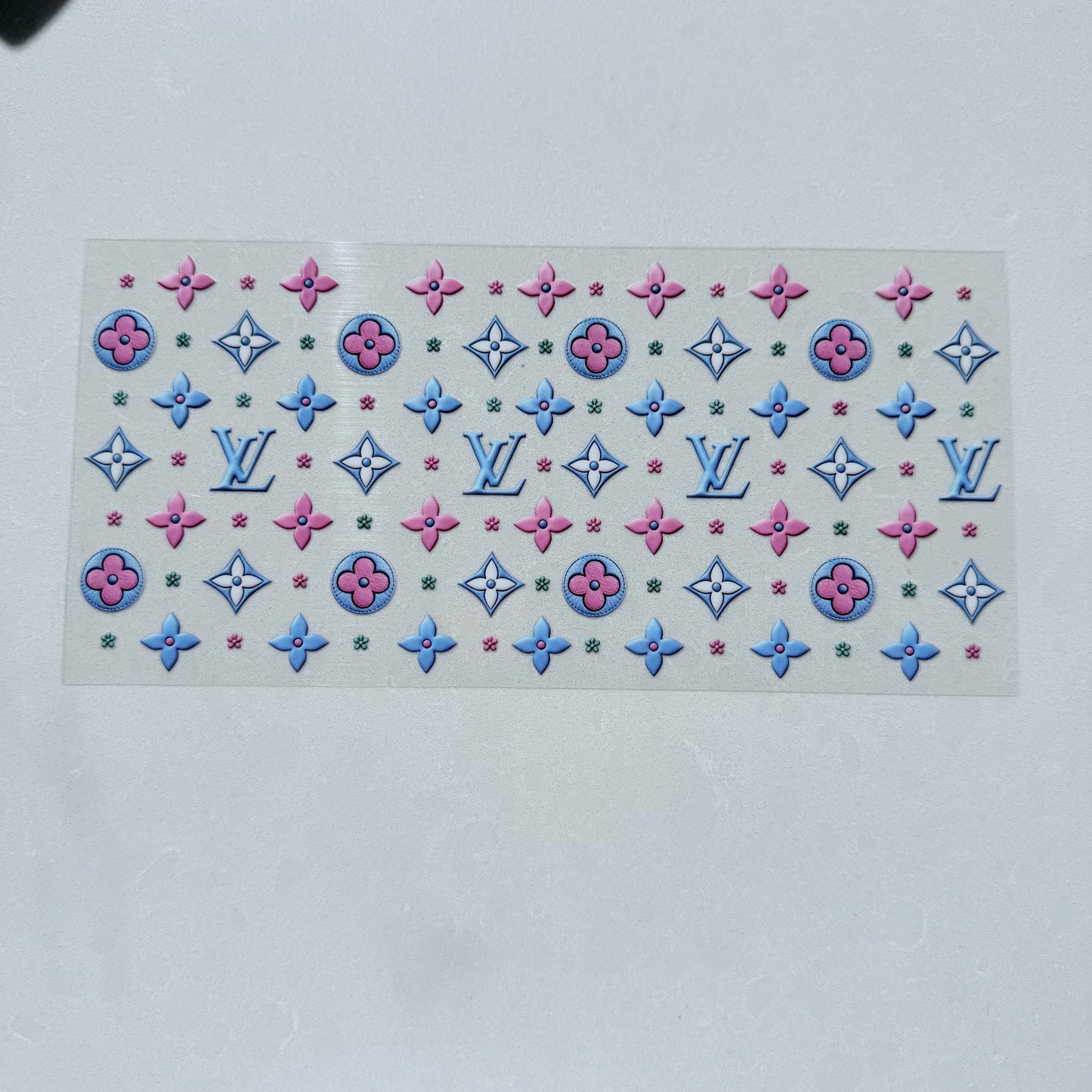 Single Sided UV DTF Wrap 16oz Tumbler Transfer (24cm x 11cm) Designer LV pink and blue stitch