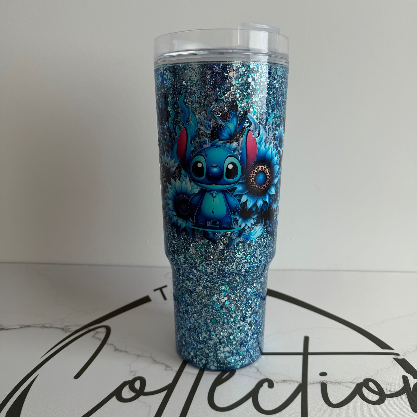 40oz Acrylic Snowglobe Tumbler with Straw & Handle – Double-Wall Glitter Cup, Travel Tumbler Blue Alien