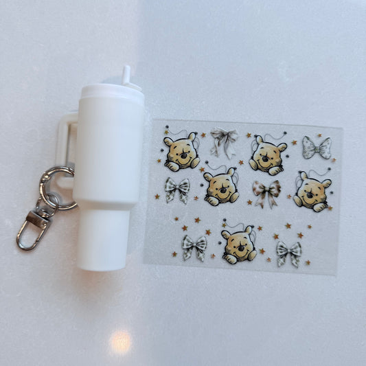 Premium UVDTF Wrap for Mini Tumbler Keychains | Durable, No-Weed Peel & Stick (honey bear face bows)
