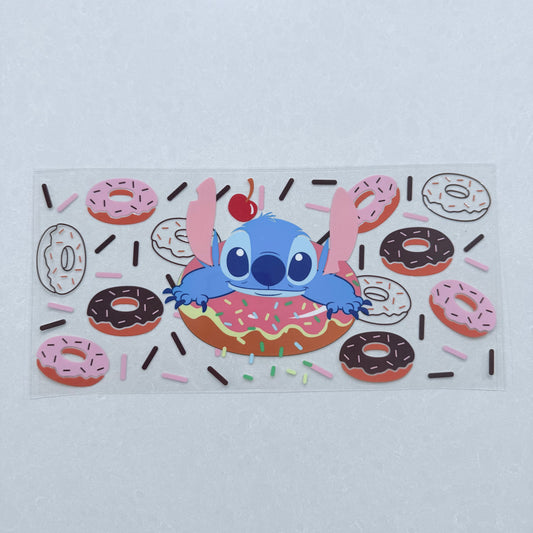 Single Sided UV DTF Wrap 16oz Tumbler Transfer (24cm x 11cm) blue alien doughnuts