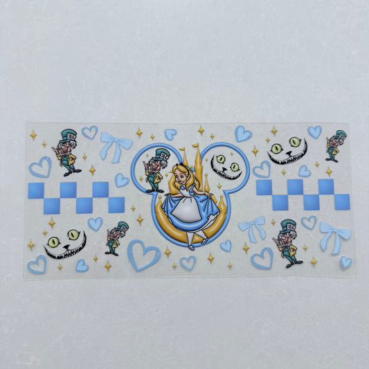 Single Sided UV DTF Wrap 16oz Tumbler Transfer (24cm x 11cm) wonderland bunny ears 1