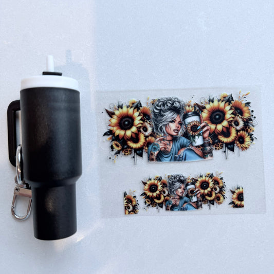 Premium UVDTF Wrap for Mini Tumbler Keychains | Durable, No-Weed Peel & Stick (sunflower coffee girl)