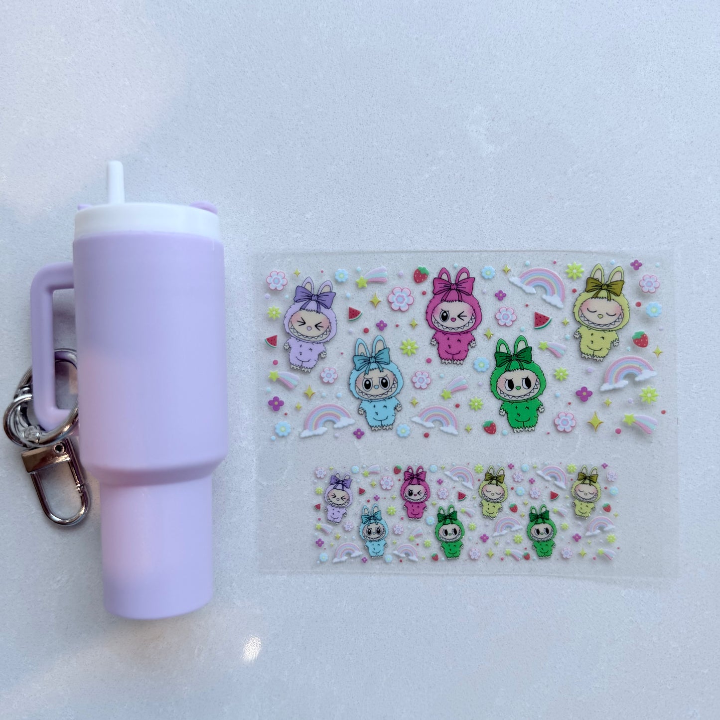 Premium UVDTF Wrap for Mini Tumbler Keychains | Durable, No-Weed Peel & Stick (rainbow labubu)