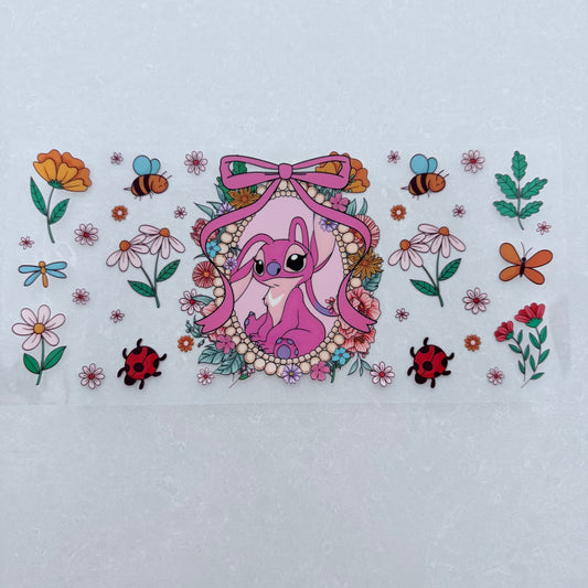 Single Sided UV DTF Wrap 16oz Tumbler Transfer (24cm x 11cm) pink alien ladybugs garden