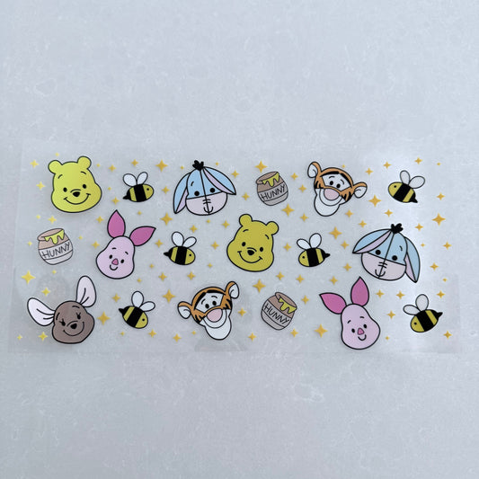 Single Sided UV DTF Wrap 16oz Tumbler Transfer (24cm x 11cm) honey bear & friends cartoon faces