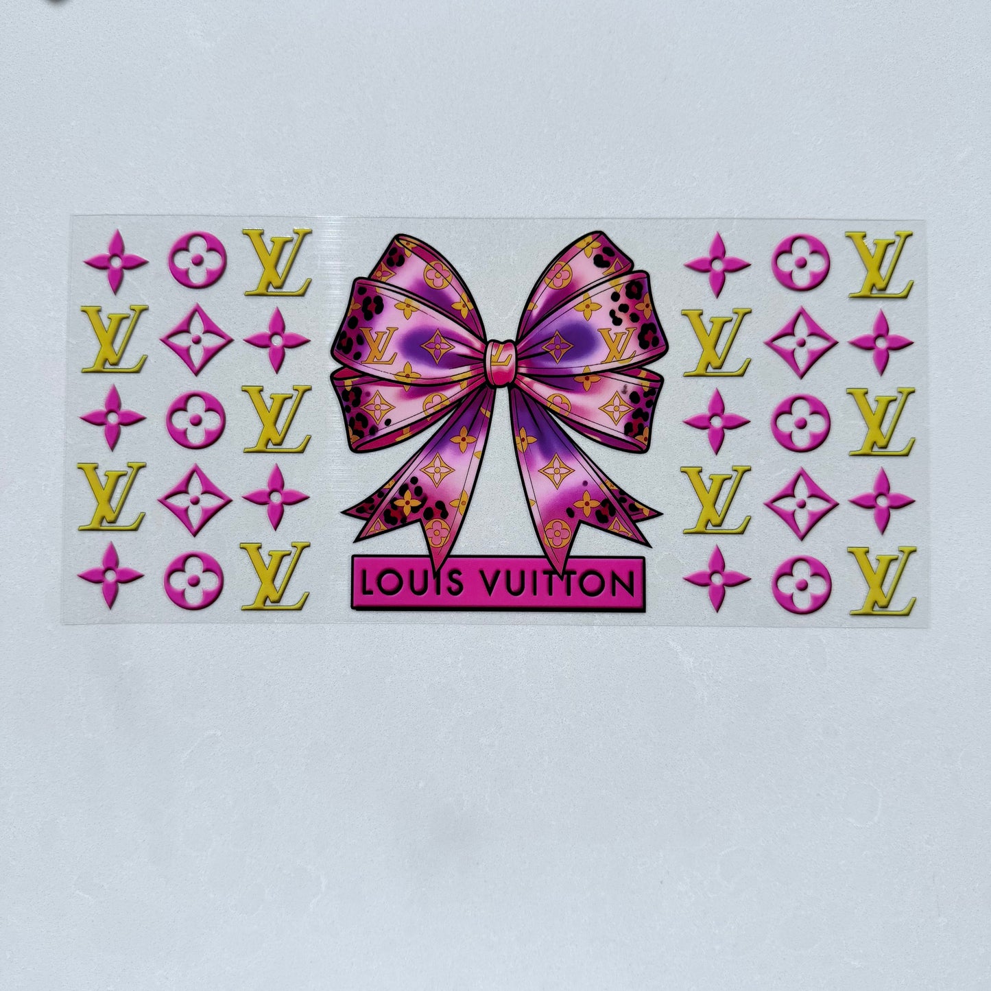 Single Sided UV DTF Wrap 16oz Tumbler Transfer (24cm x 11cm) Designer LV yellow and pink Bow