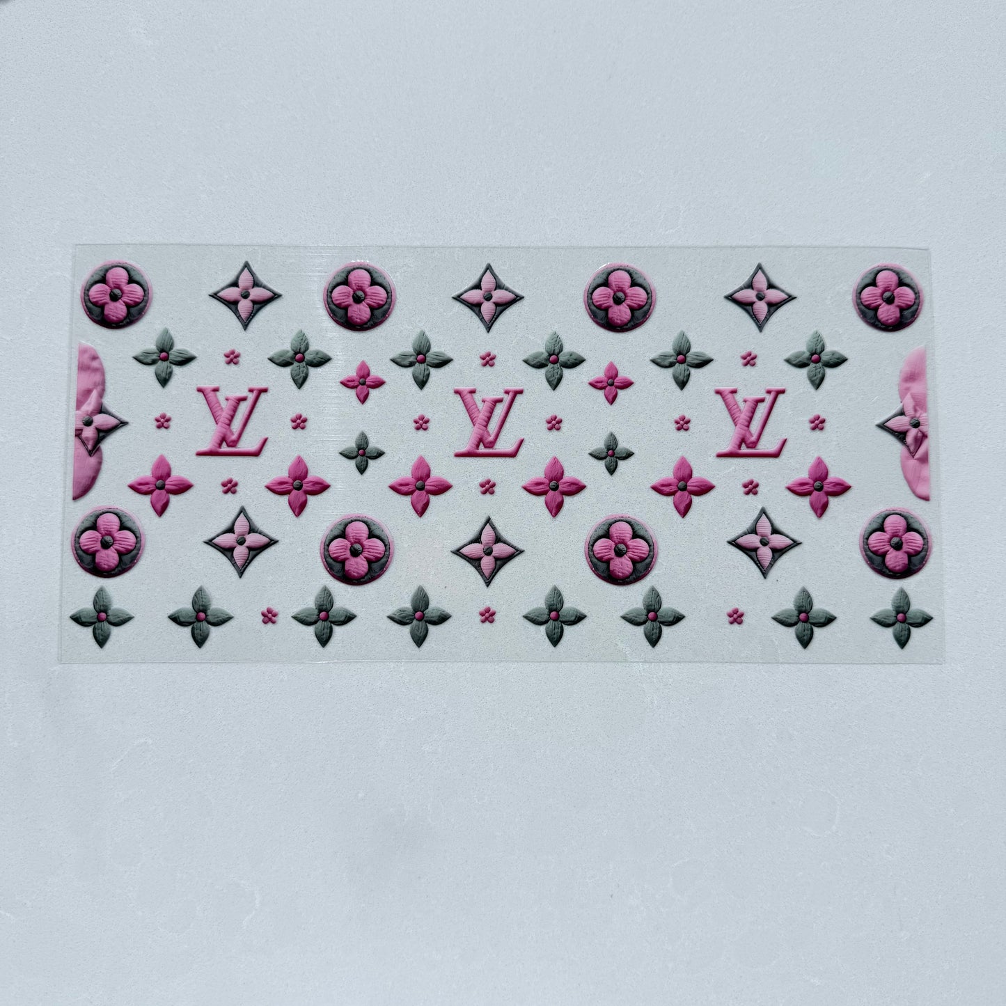 Single Sided UV DTF Wrap 16oz Tumbler Transfer (24cm x 11cm) Designer LV pink and green stitch