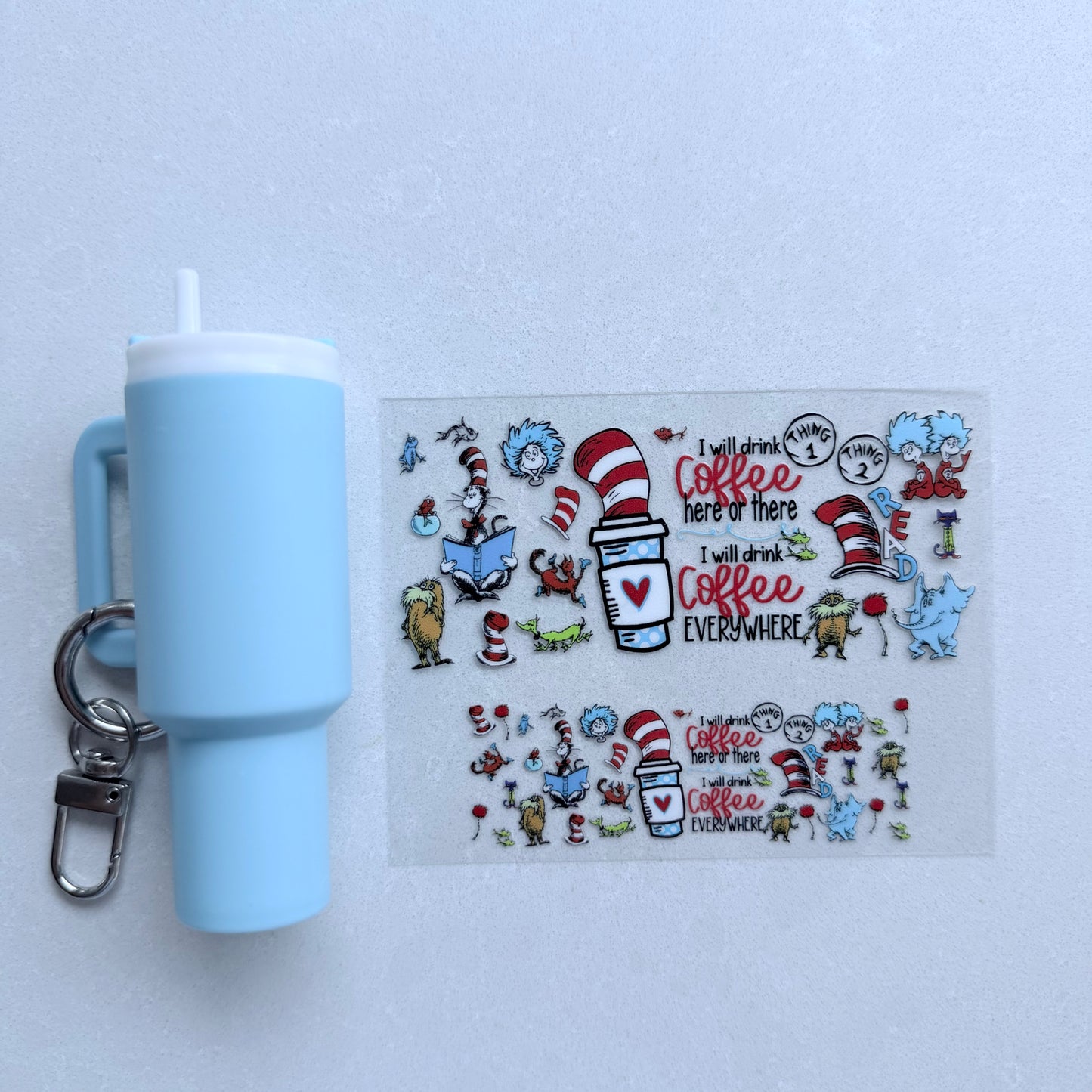 Premium UVDTF Wrap for Mini Tumbler Keychains | Durable, No-Weed Peel & Stick (dr seuss coffee)