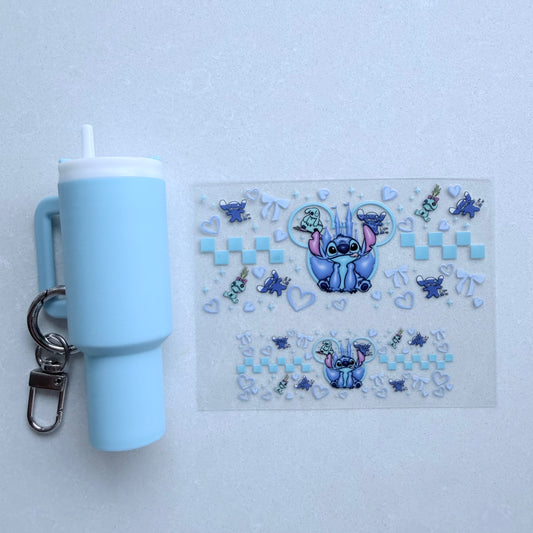 Premium UVDTF Wrap for Mini Tumbler Keychains | Durable, No-Weed Peel & Stick (blue alien mouse ears)