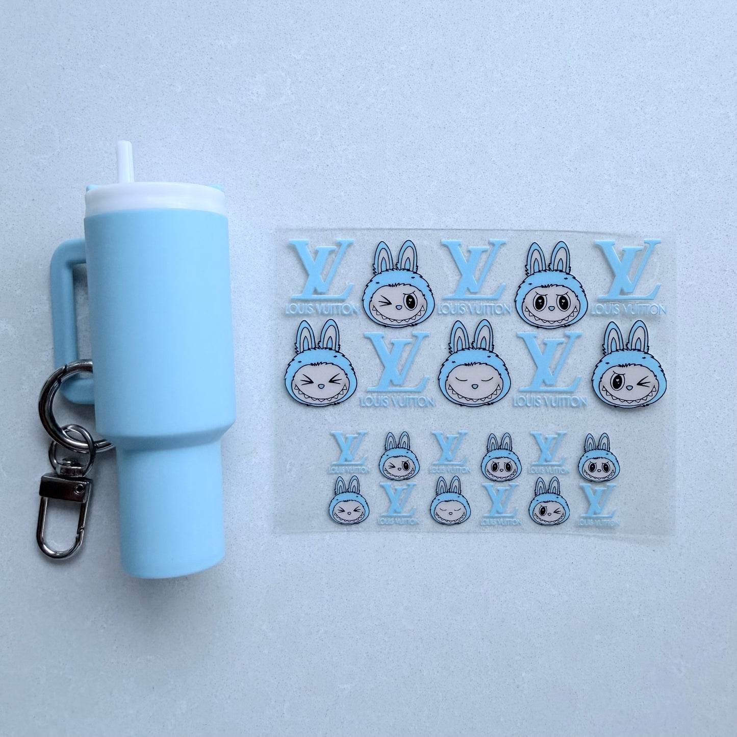 Premium UVDTF Wrap for Mini Tumbler Keychains | Durable, No-Weed Peel & Stick (designer blue lv labubu head)