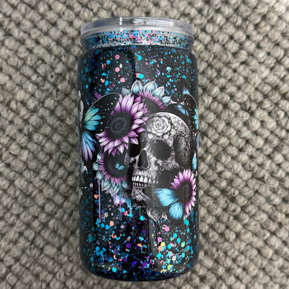 16oz Acrylic Snow Globe Tumbler | skull with flowers