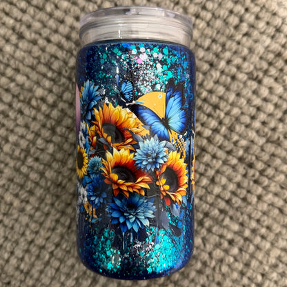 16oz Acrylic Snow Globe Tumbler | blue alien sunflowers