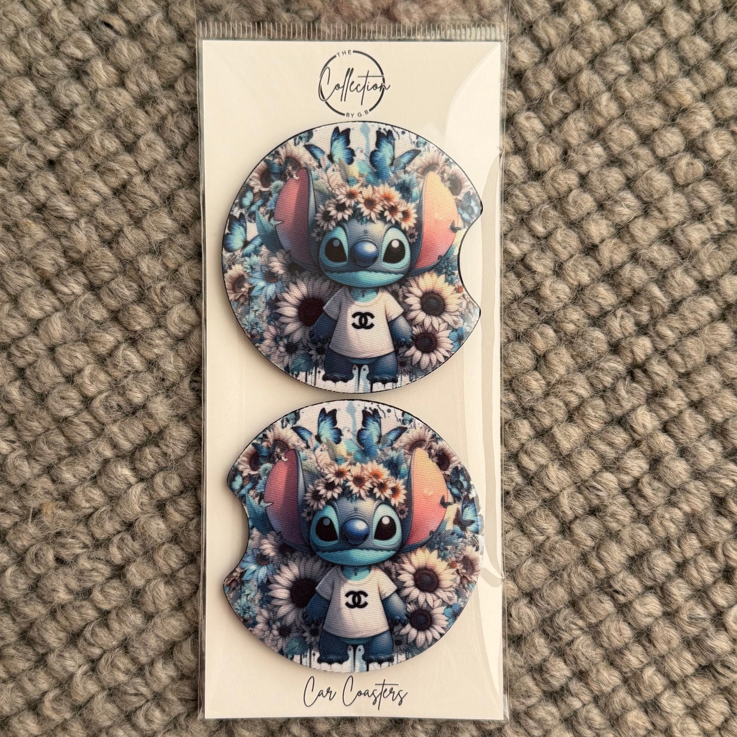 Car Coaster Set (blue alien white sunflower crown)