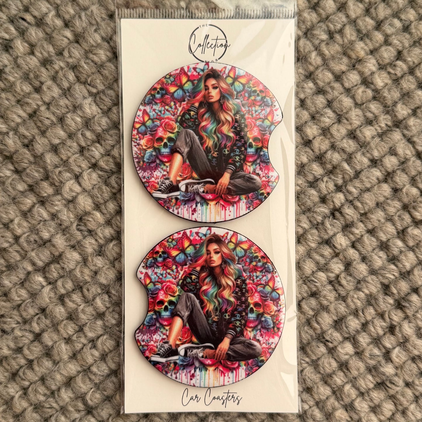 Car Coaster Set (tattoo girl rainbow skull)