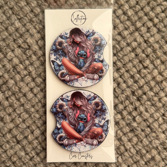Car Coaster Set (blue alien tattoo girl grey jumper)