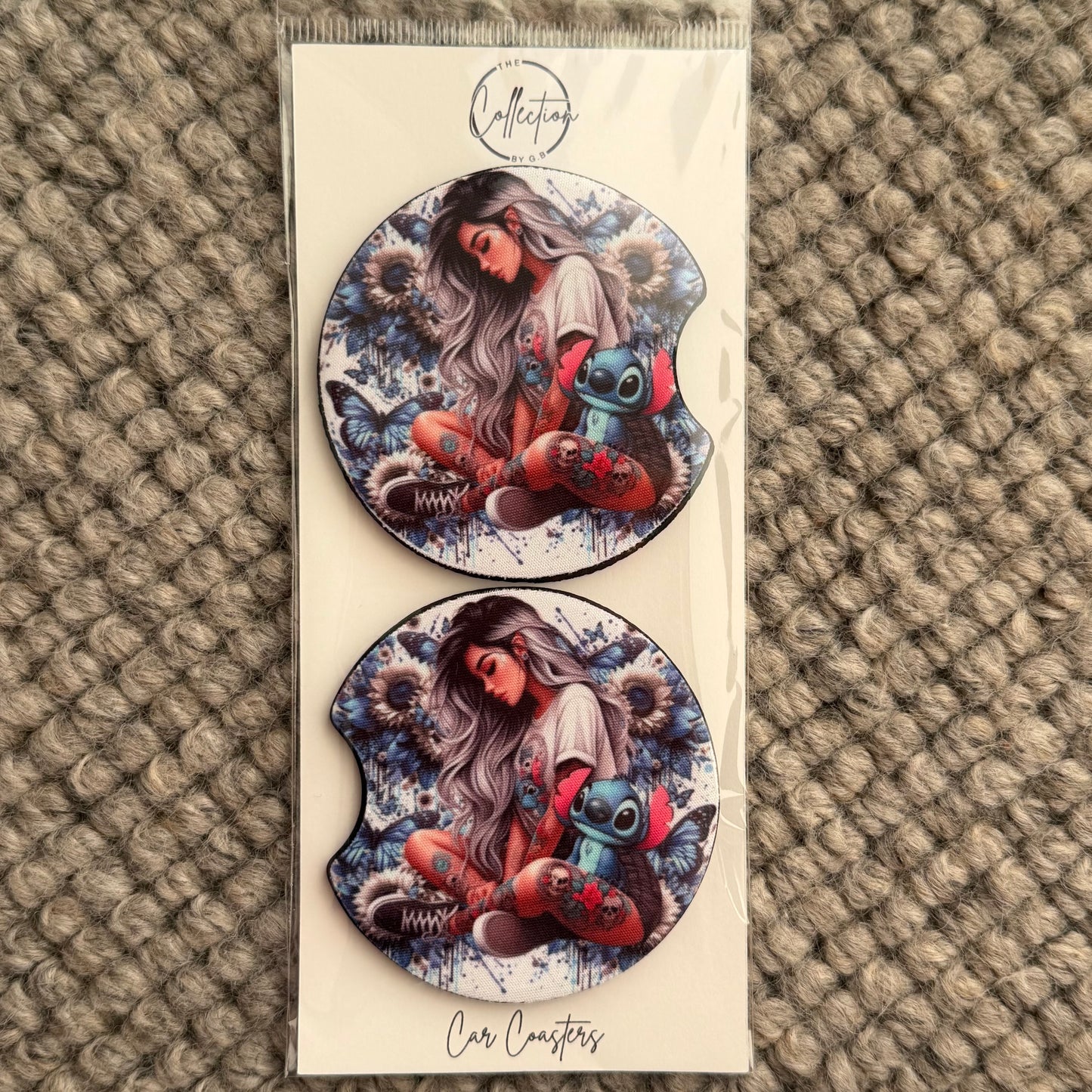 Car Coaster Set (blue alien tattoo girl white top)