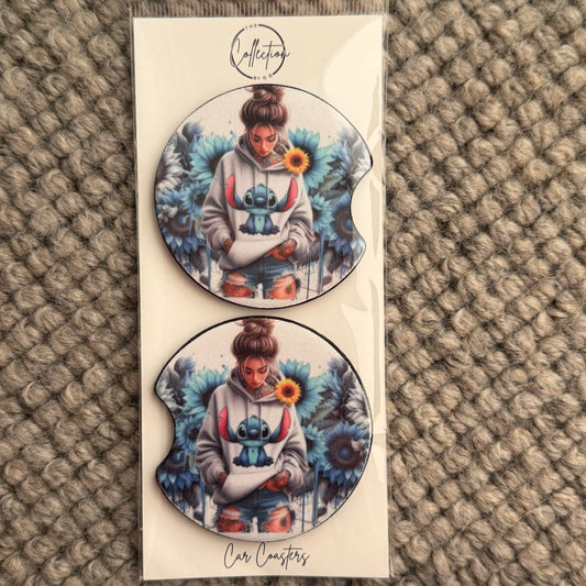 Car Coaster Set (blue alien girl white jumper)